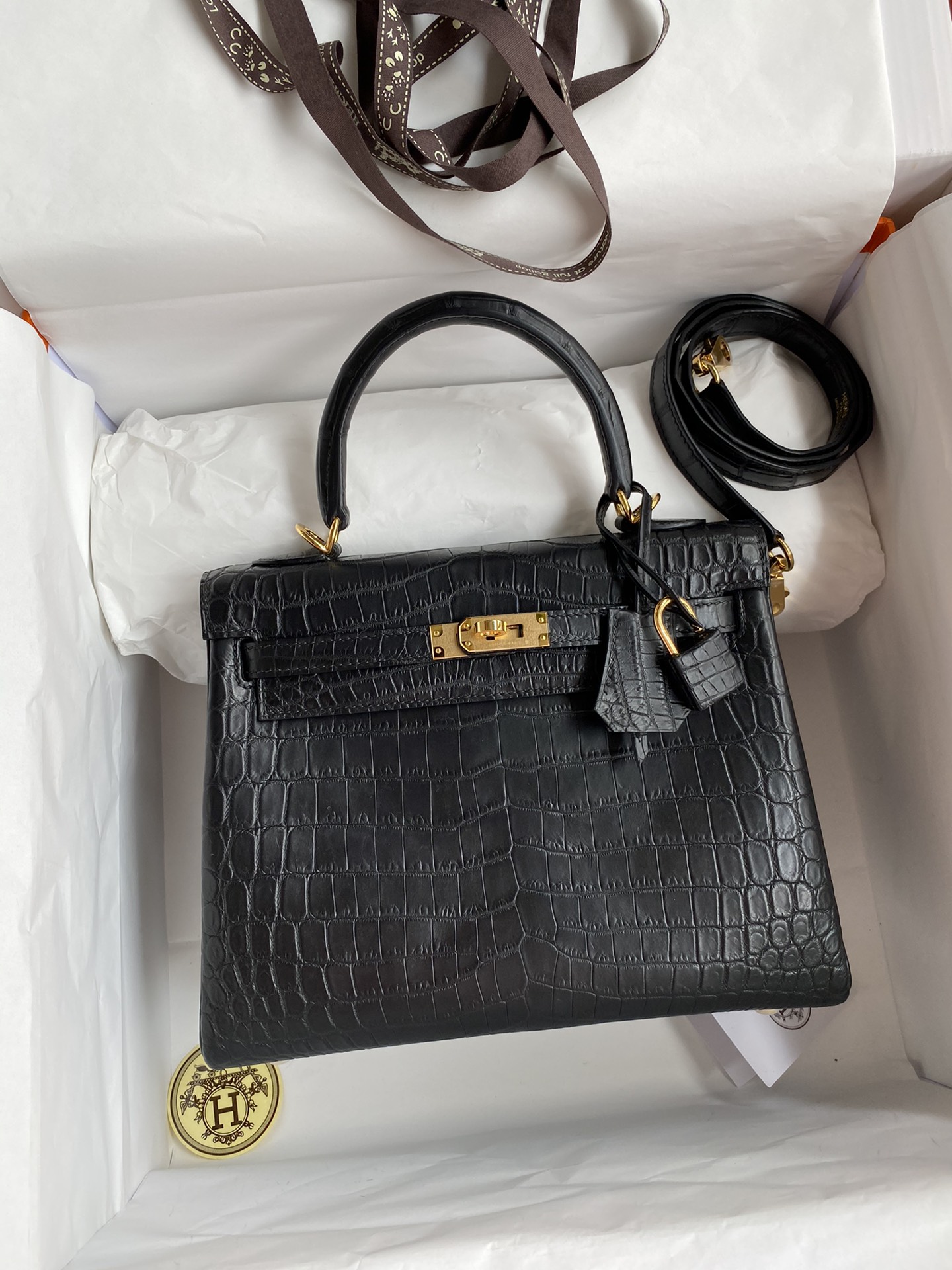 Hermes Kelly 25cm Handbag Shoulder Bag In Black Matte Crocodile Niloticus Leather